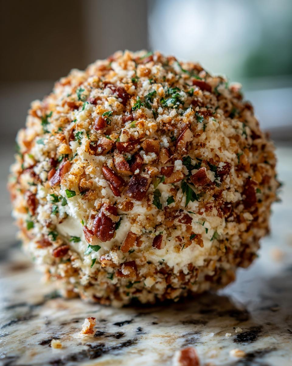 Close-up of a creamy cheese ball coated in crunchy bacon bits, toasted breadcrumbs, and fresh parsley.