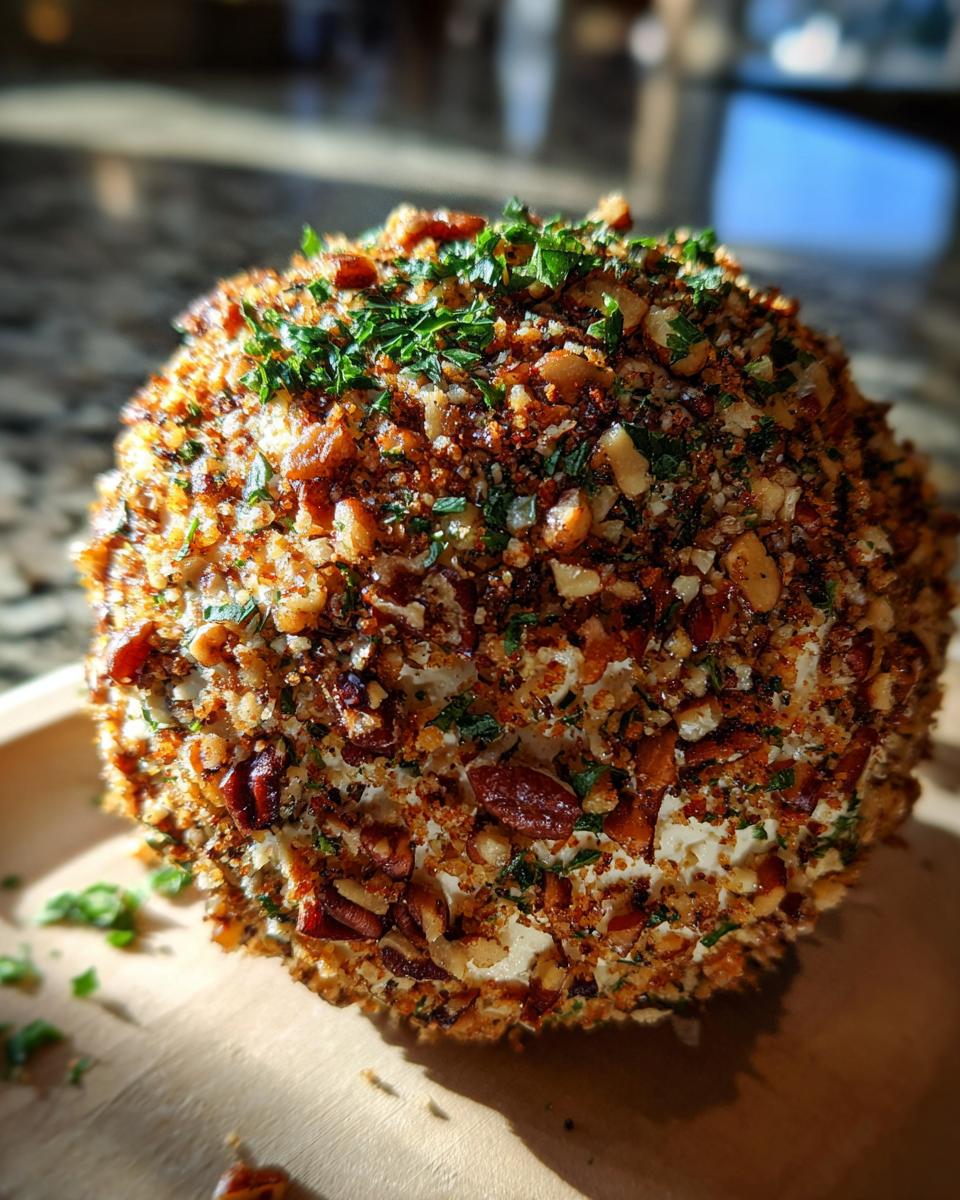 A close-up of a perfectly formed cheese ball coated in chopped nuts and fresh herbs.