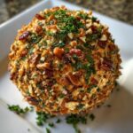 A delicious cheese ball coated in chopped pecans, walnuts, and fresh parsley, ready to be served.