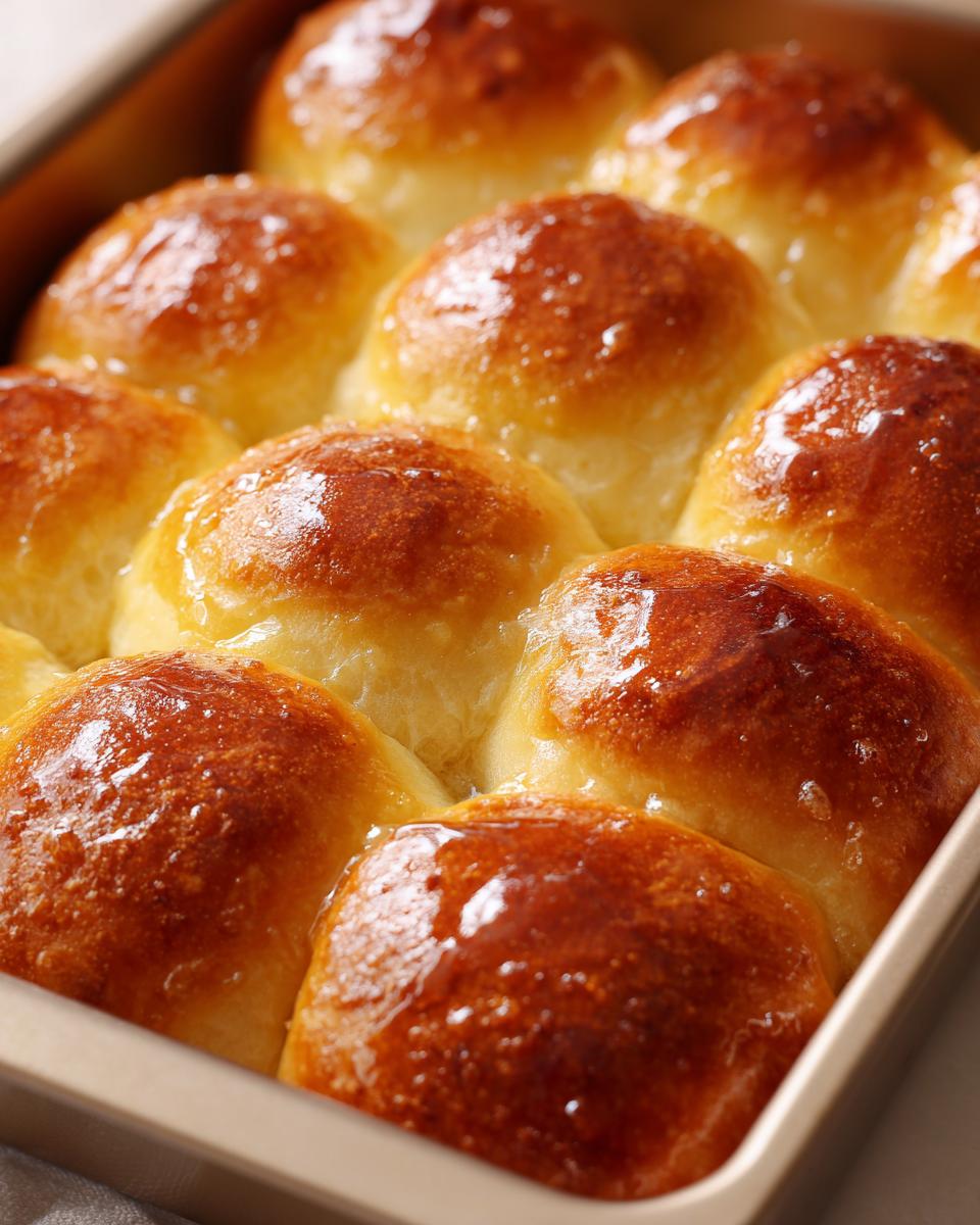 Close-up of freshly baked golden brown dinner rolls in a baking pan, glistening with a light glaze.