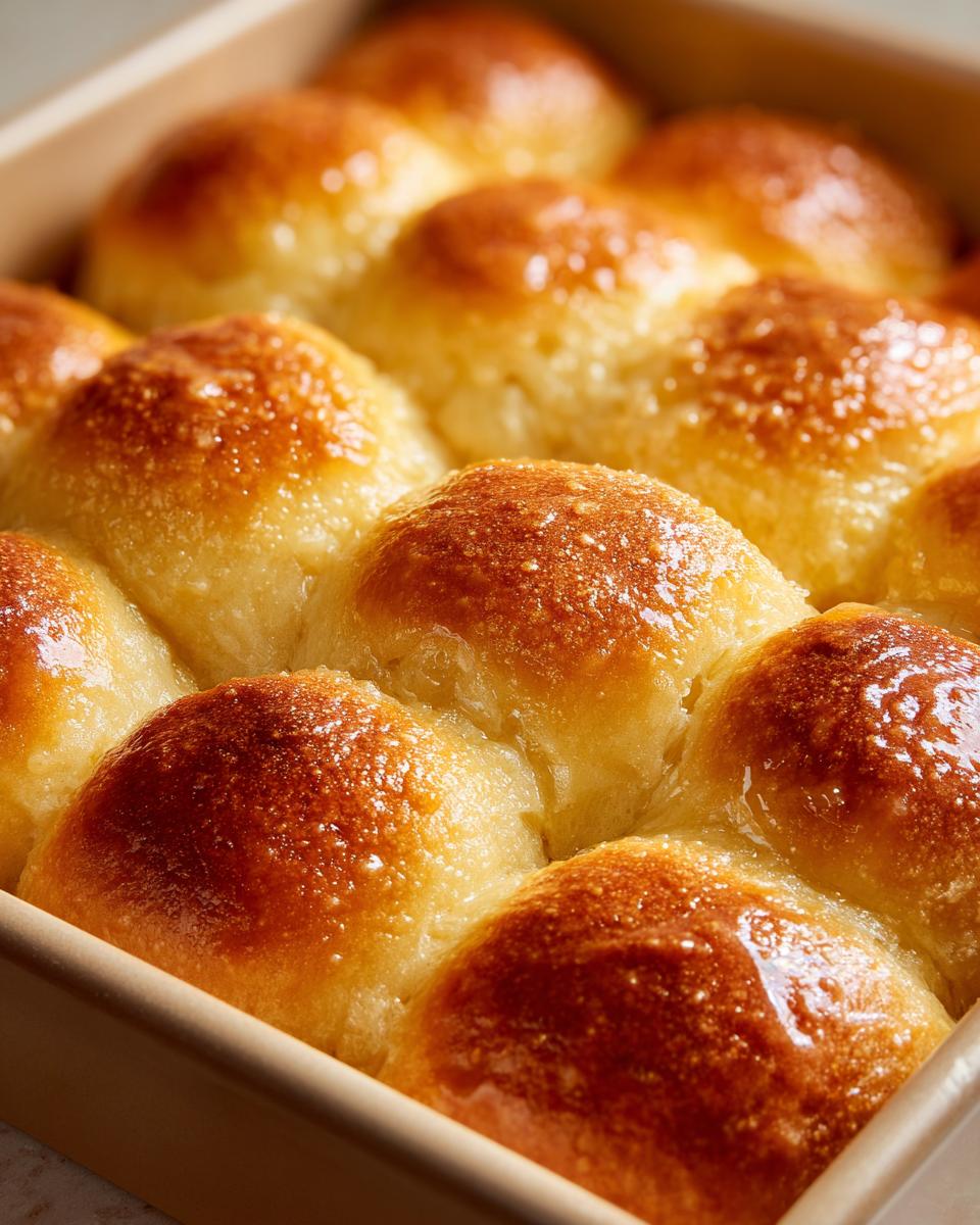 Close-up of freshly baked, golden brown dinner rolls in a baking dish, glistening with butter.