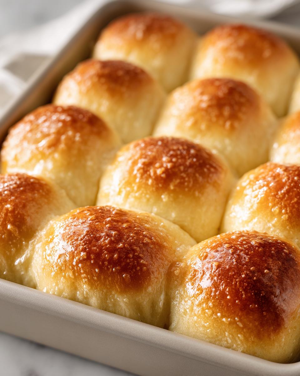 Close-up of a baking pan filled with golden brown, fluffy dinner rolls.