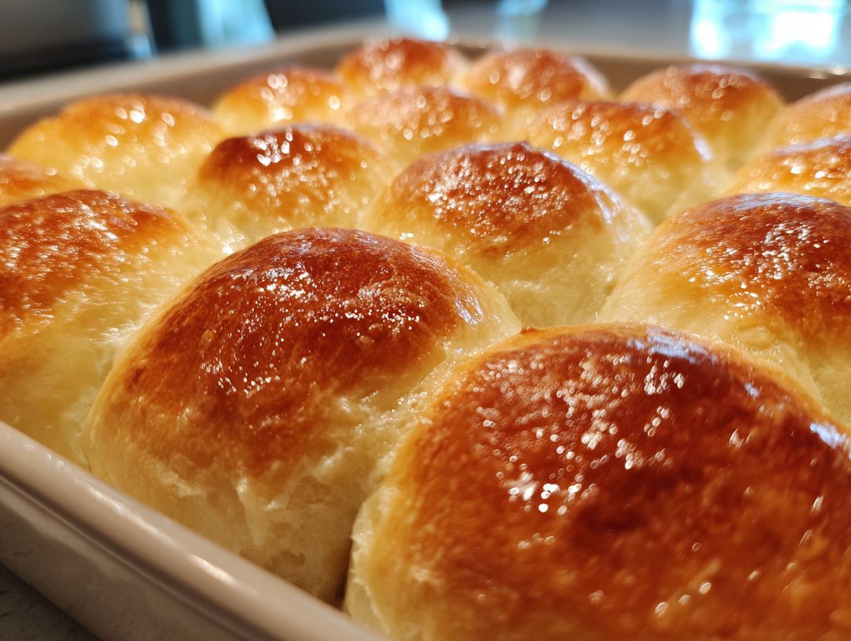 Close-up of golden brown, fluffy dinner rolls baked in a white dish, ready to serve.