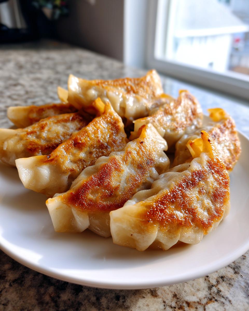 A close-up of a plate filled with perfectly pan-fried potstickers, showcasing their golden-brown crispy bottoms and delicate pleated tops.