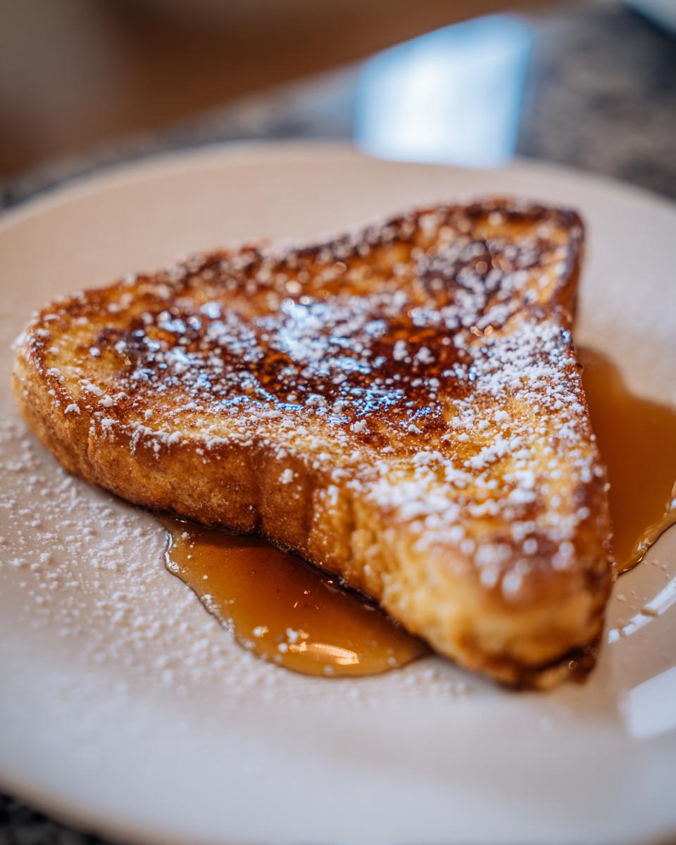 A close-up of a golden brown French toast slice, dusted with powdered sugar and drizzled with syrup.