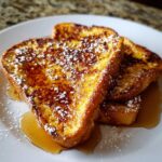 Close-up of golden brown French toast slices dusted with powdered sugar and drizzled with syrup.
