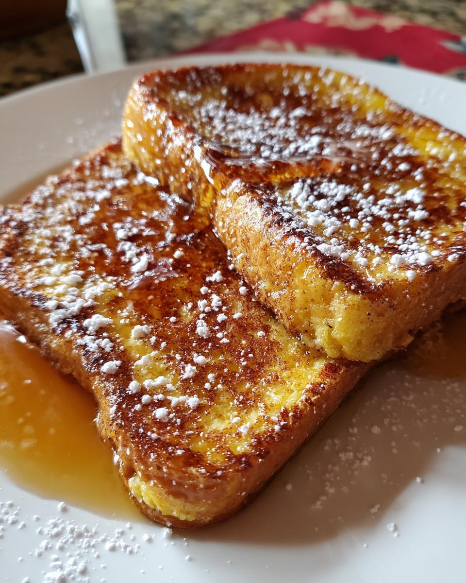 Close-up of two golden brown slices of French toast dusted with powdered sugar and drizzled with syrup.