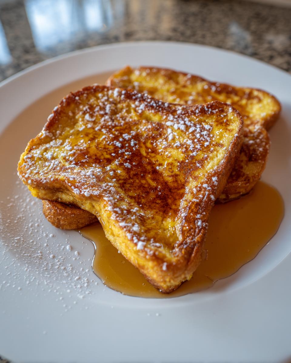 Two golden brown slices of French toast dusted with powdered sugar and drizzled with syrup on a white plate.