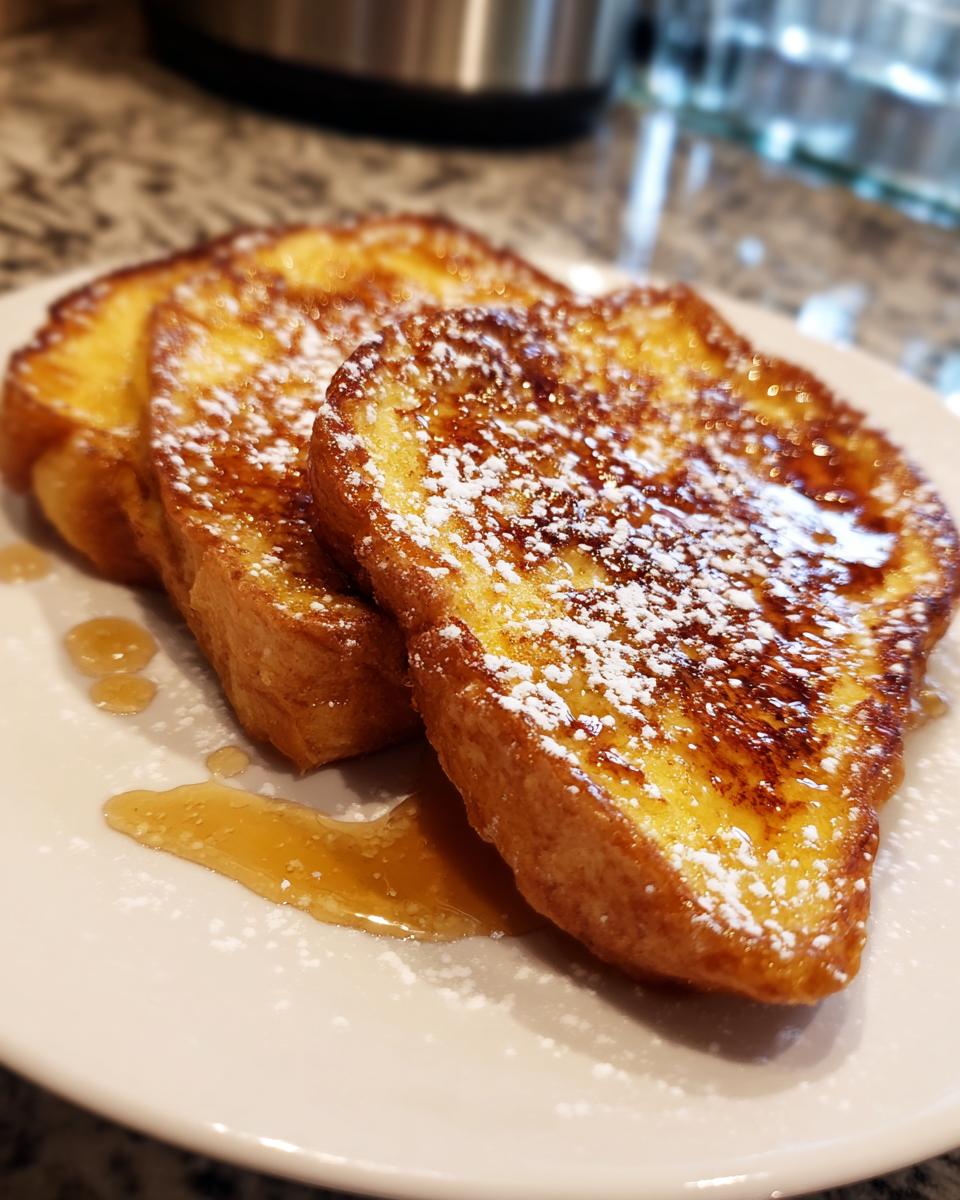 Three slices of golden brown French toast dusted with powdered sugar and drizzled with syrup.