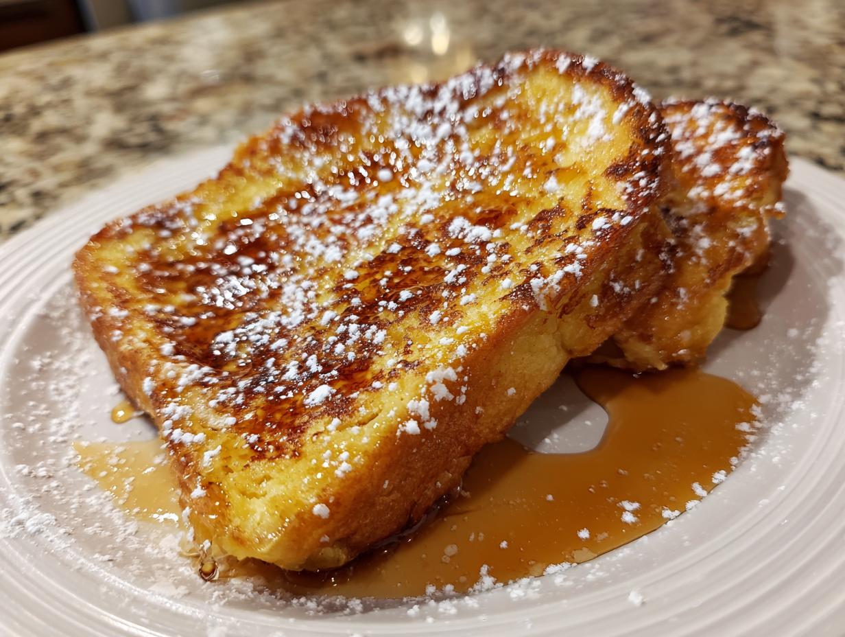 Close-up of golden French toast slices dusted with powdered sugar and drizzled with syrup.