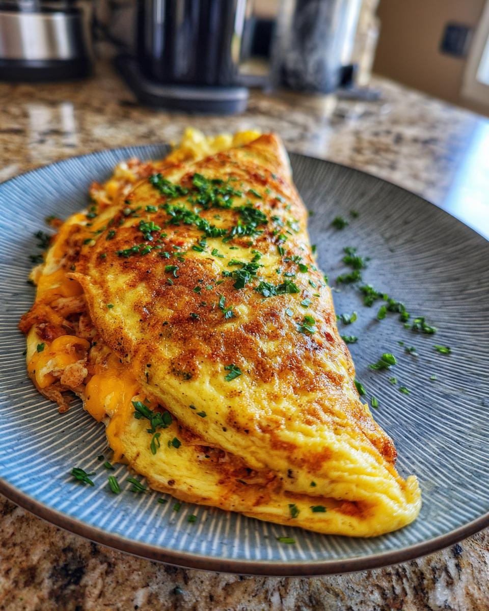 A perfectly cooked golden omelette filled with melted cheese and sprinkled with fresh chopped chives.