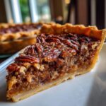 A close-up of a slice of gooey caramel pecan pie, showcasing the flaky crust and rich filling topped with whole pecans.