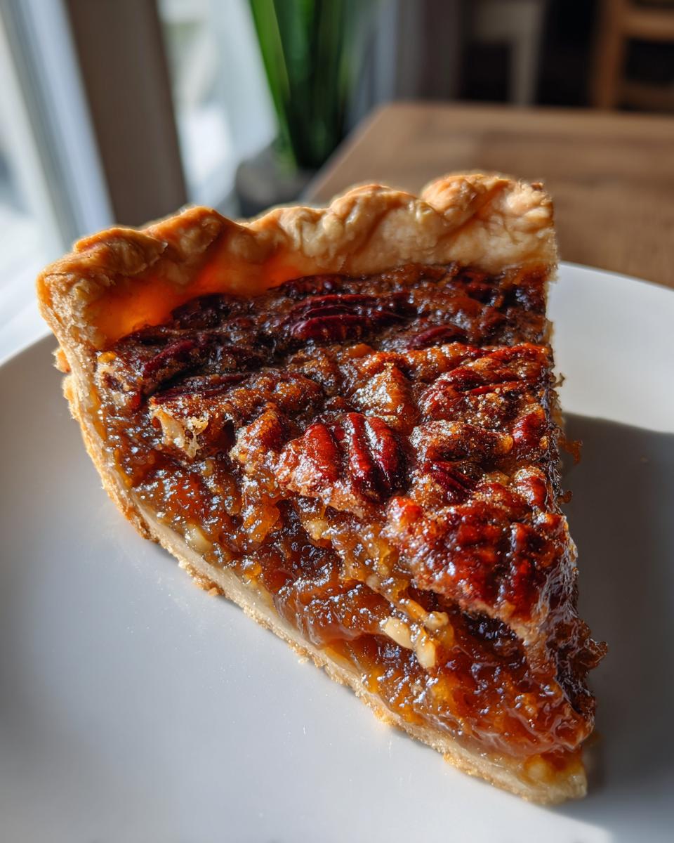 A close-up of a slice of gooey caramel pecan pie on a white plate, showcasing the flaky crust and rich filling.