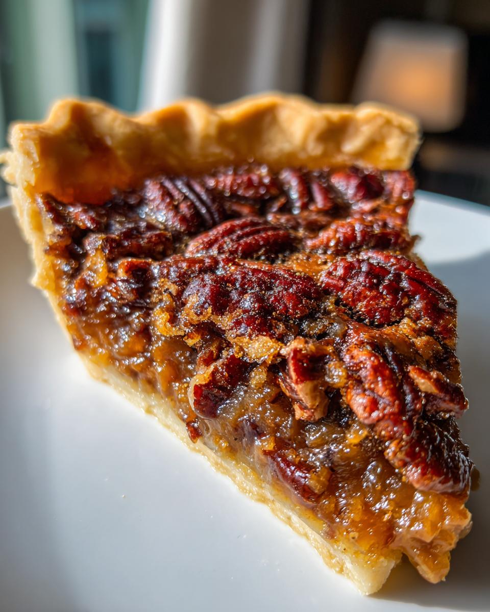Close-up of a slice of gooey caramel pecan pie, showcasing whole pecans and a flaky crust.