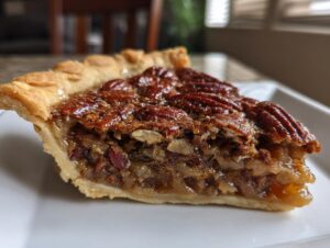 A close-up of a slice of gooey caramel pecan pie, showcasing the flaky crust and rich filling topped with whole pecans.