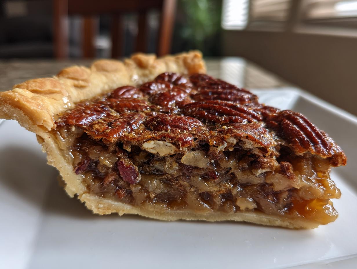 A close-up of a slice of gooey caramel pecan pie, showcasing the flaky crust and rich filling topped with whole pecans.