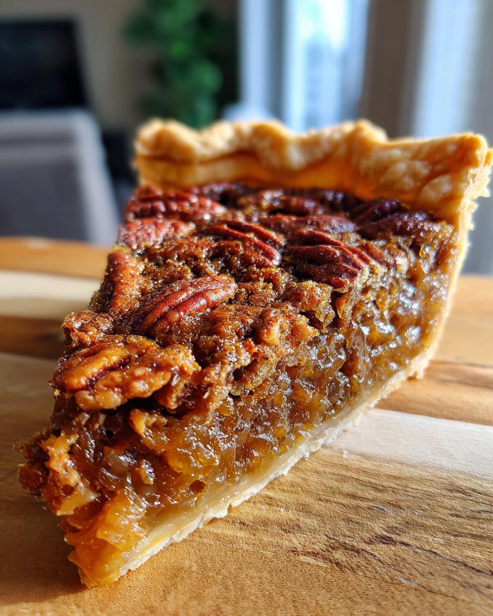 A close-up of a slice of gooey pecan pie with a flaky crust and whole pecans on top.