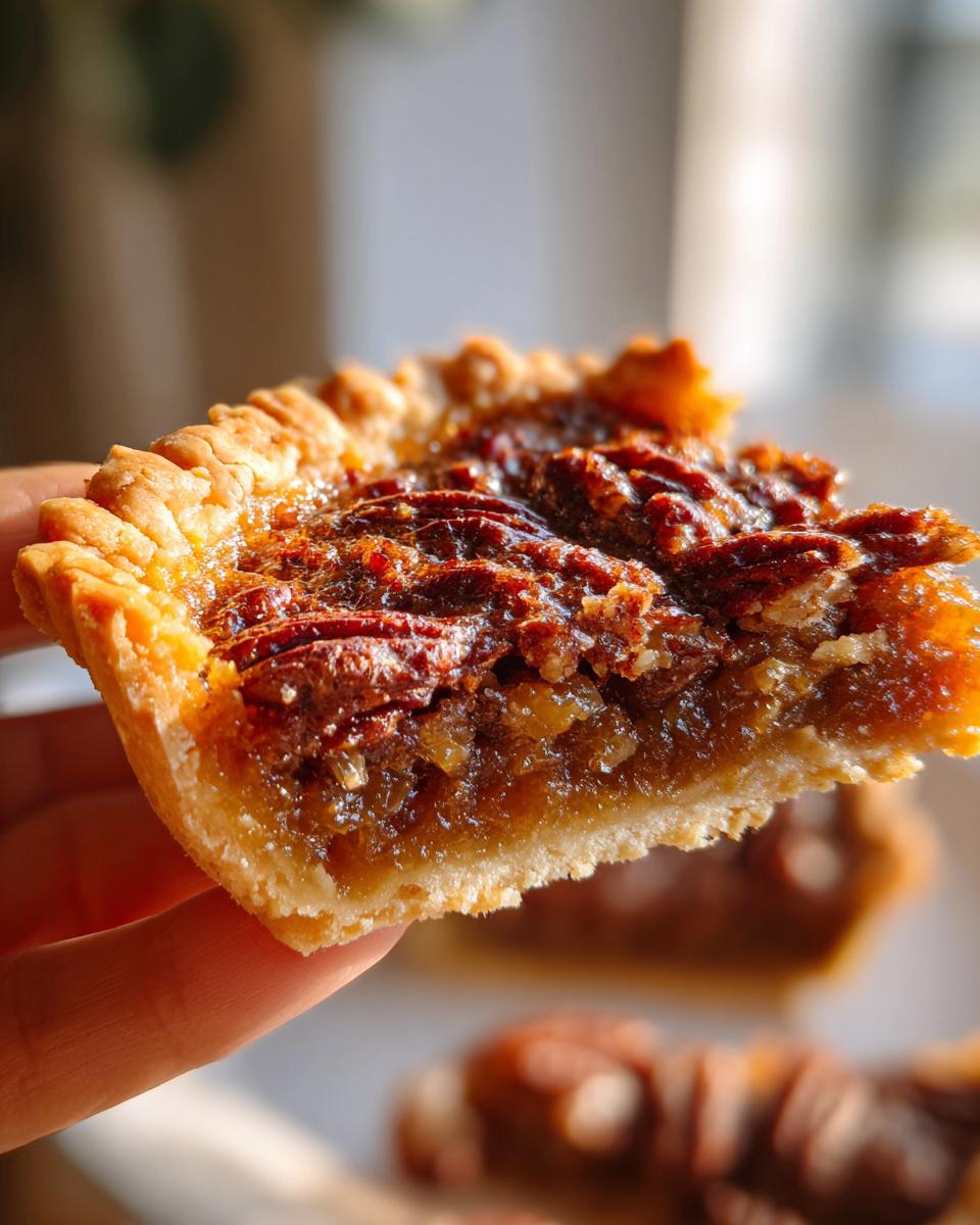 Close-up of a hand holding a slice of gooey pecan pie, showing the flaky crust and rich caramel filling with whole pecans.