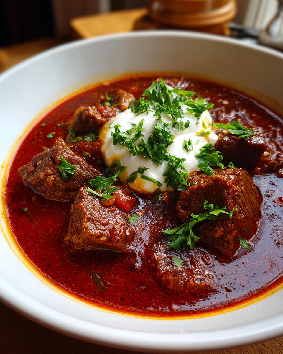 A close-up of a bowl of rich, red Goulash topped with a dollop of sour cream and fresh parsley.