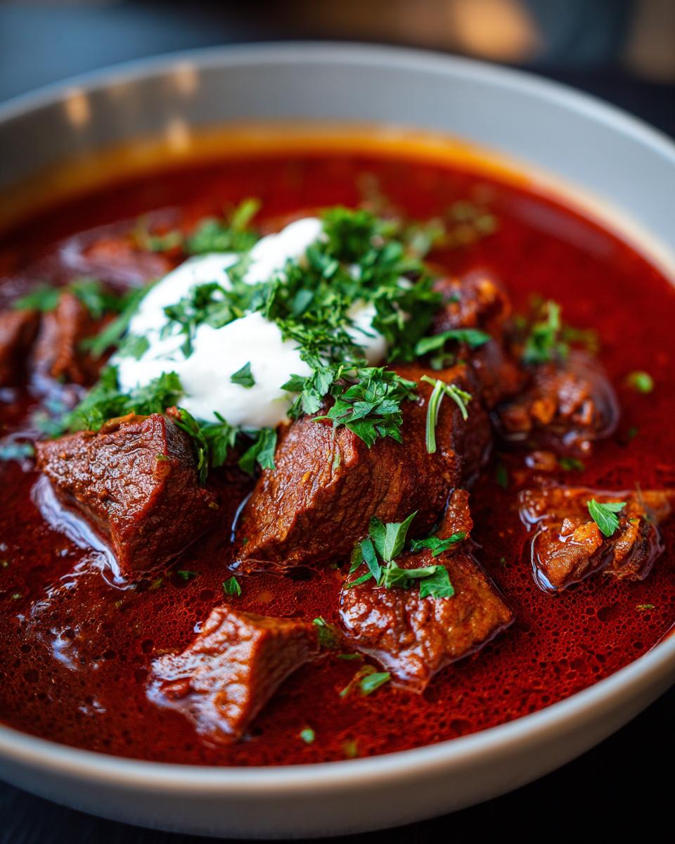 A close-up of a rich, red Goulash in a bowl, topped with a dollop of sour cream and fresh parsley.