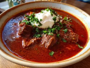 A close-up of a bowl of rich, red Goulash topped with a dollop of sour cream and fresh parsley.