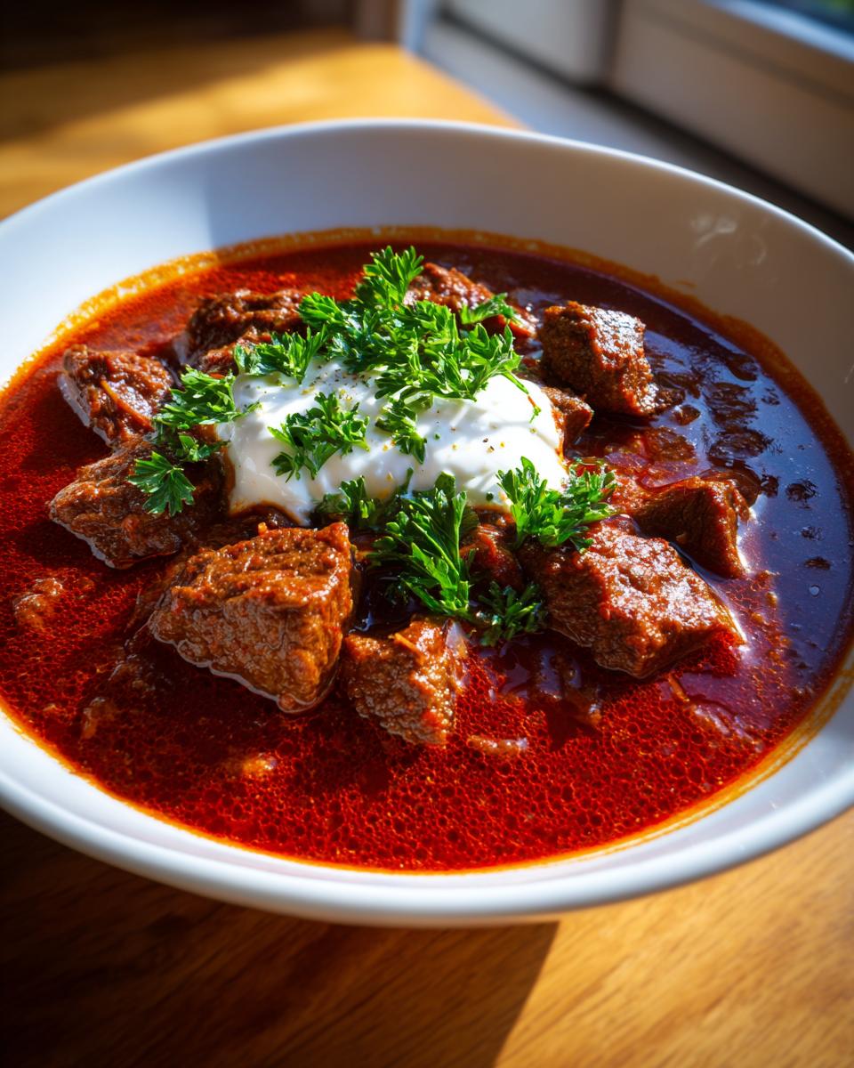 A close-up of a bowl of rich, red Goulash topped with a dollop of sour cream and fresh parsley.