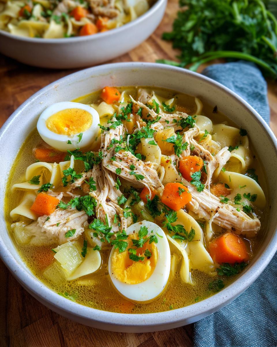 A comforting bowl of Grandma's Chicken Noodle Soup, featuring shredded chicken, wide noodles, carrots, celery, and a hard-boiled egg half.