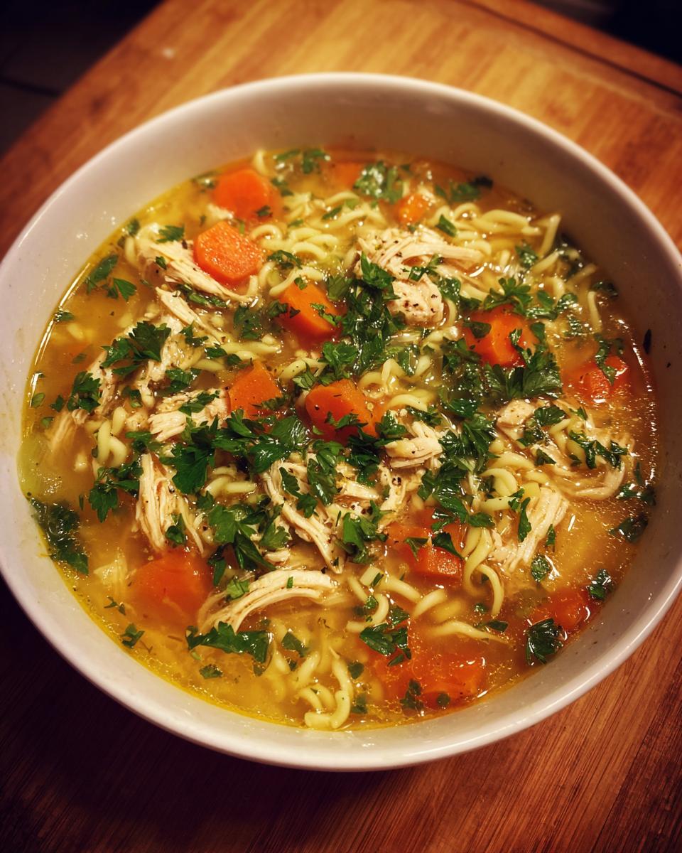 A comforting bowl of Grandma's homemade chicken noodle soup, filled with shredded chicken, carrots, noodles, and fresh parsley.