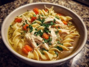 A comforting bowl of Grandma's chicken noodle soup, featuring shredded chicken, egg noodles, carrots, and parsley.