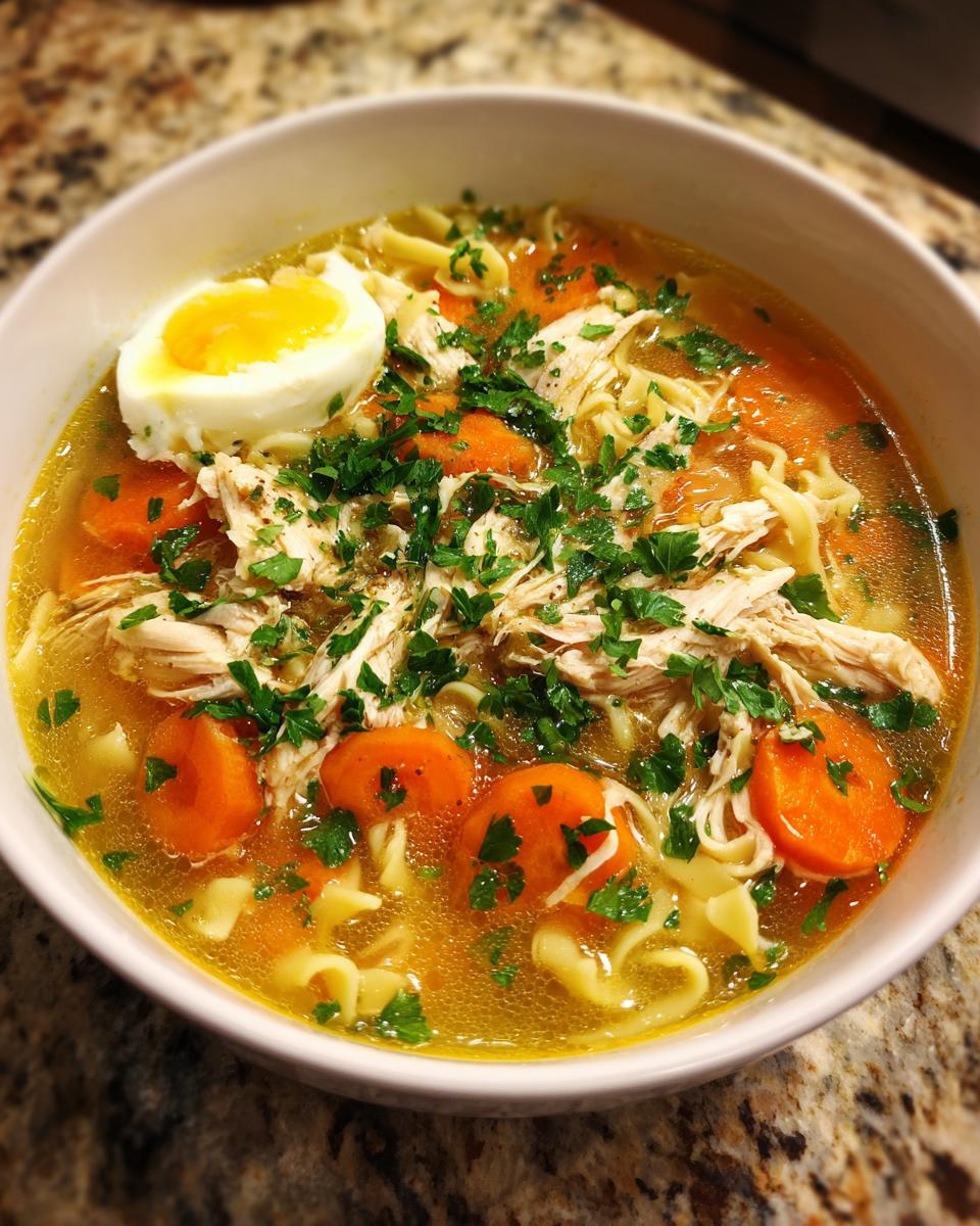 A comforting bowl of Grandma's chicken noodle soup featuring shredded chicken, sliced carrots, egg noodles, and fresh parsley, topped with a hard-boiled egg half.