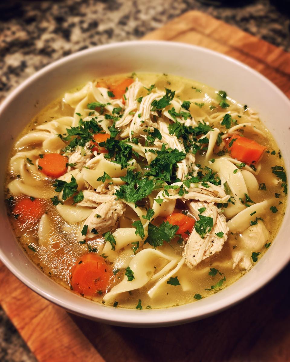 A comforting bowl of Grandma's Chicken Noodle Soup, filled with wide noodles, shredded chicken, carrots, and fresh parsley.