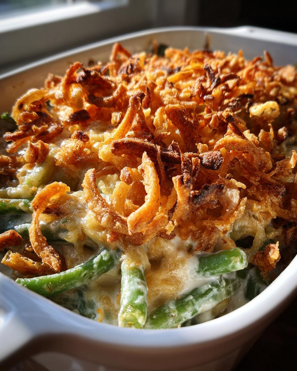 Close-up of Grandma's Amazing Green Bean Casserole topped with crispy fried onions.