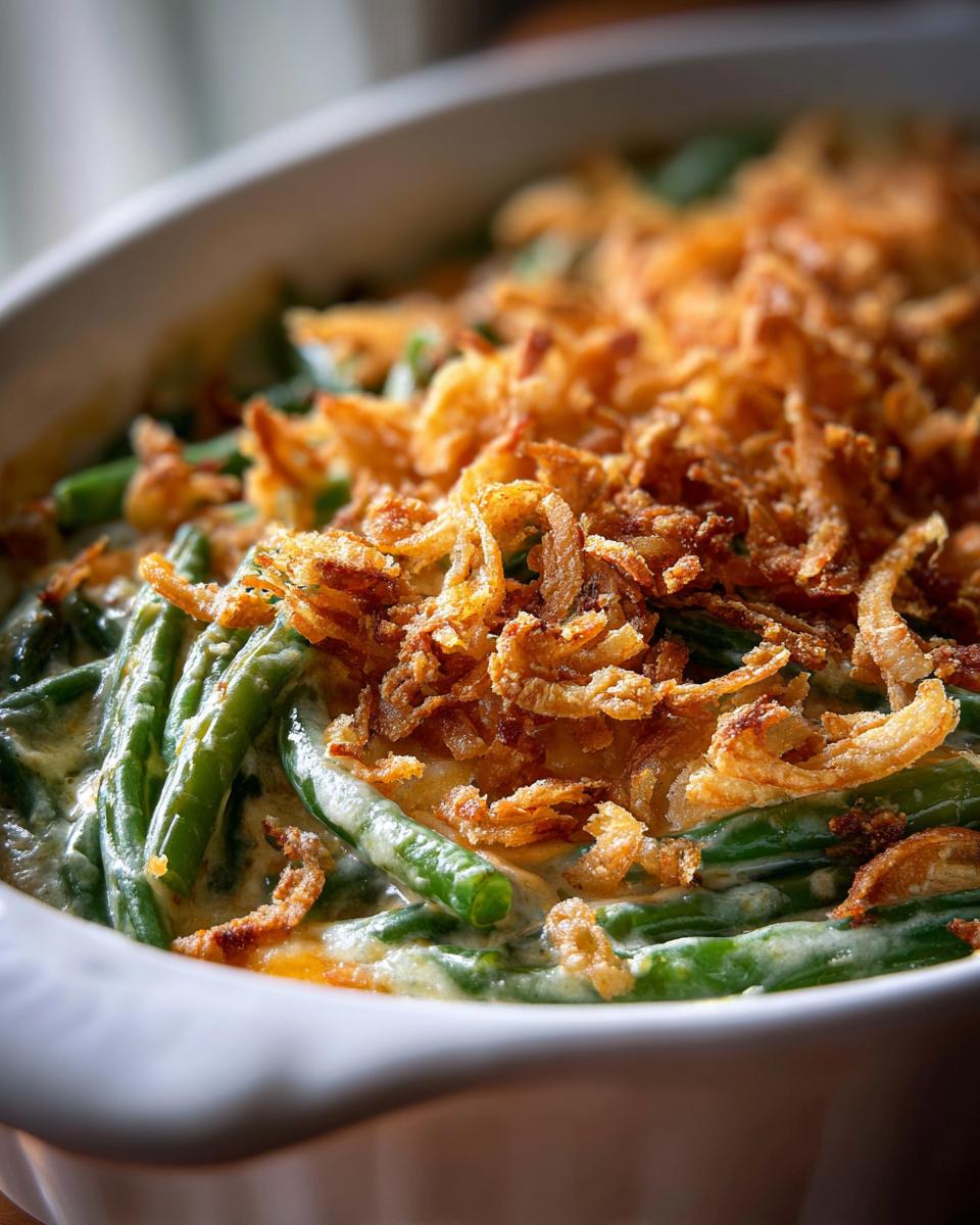 Close-up of Grandma's Amazing Green Bean Casserole, showing creamy sauce and crispy fried onions.