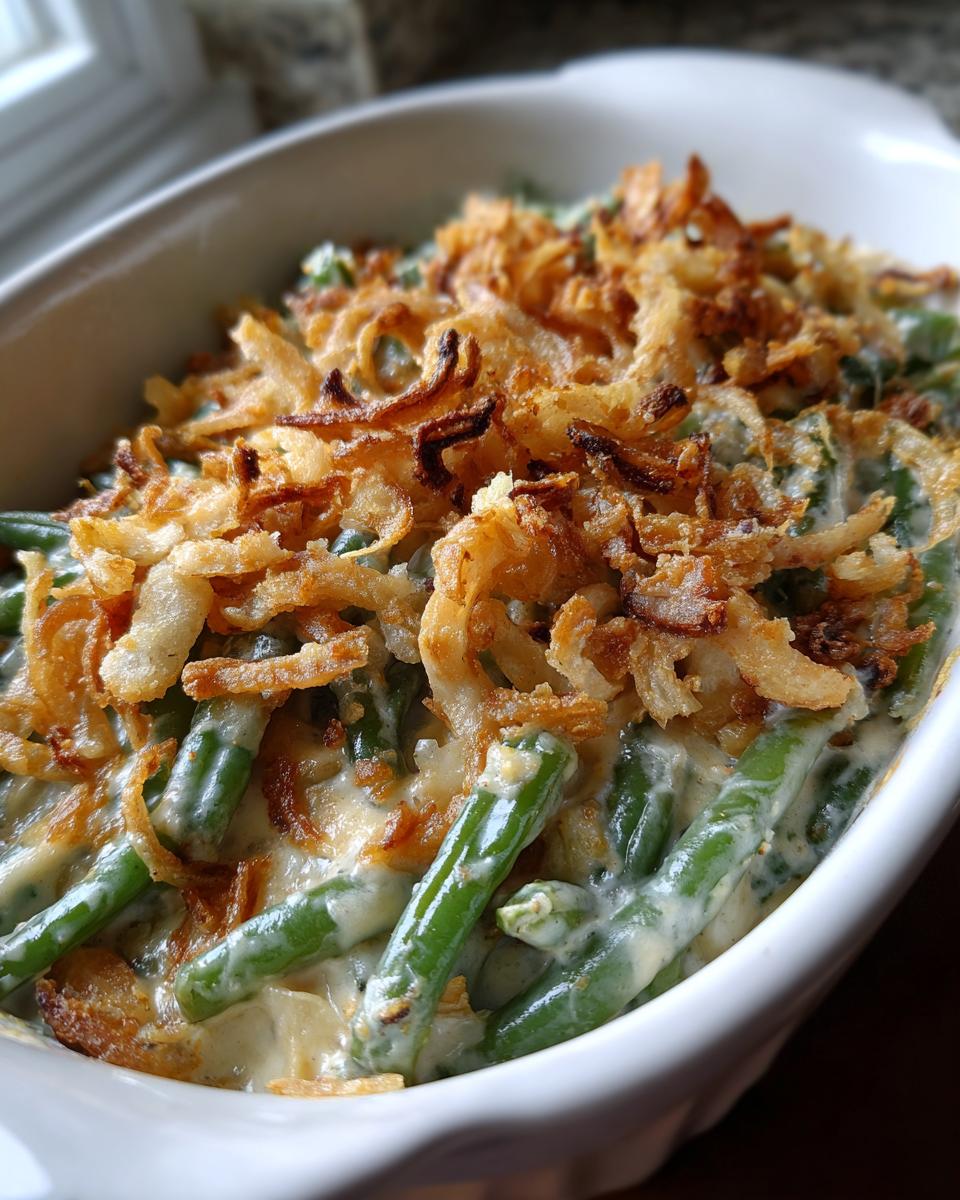 Close-up of Grandma's Amazing Green Bean Casserole topped with crispy fried onions.