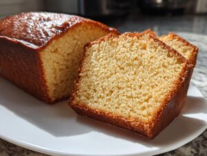 Close-up of Grandma's Perfect Pound Cake, with two slices cut and ready to serve.