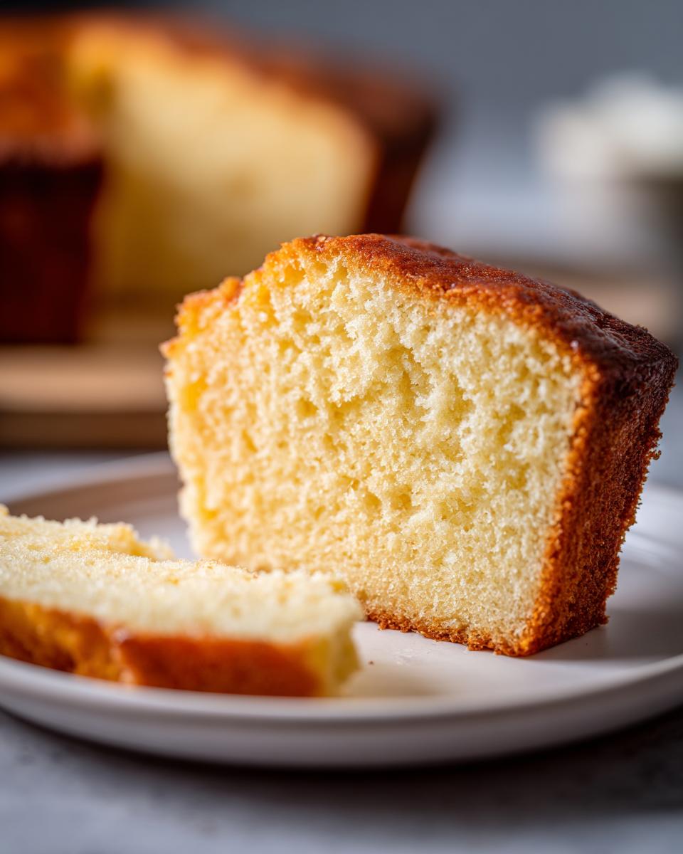 A close-up of a slice of moist and golden Grandma's Perfect Pound Cake on a white plate.