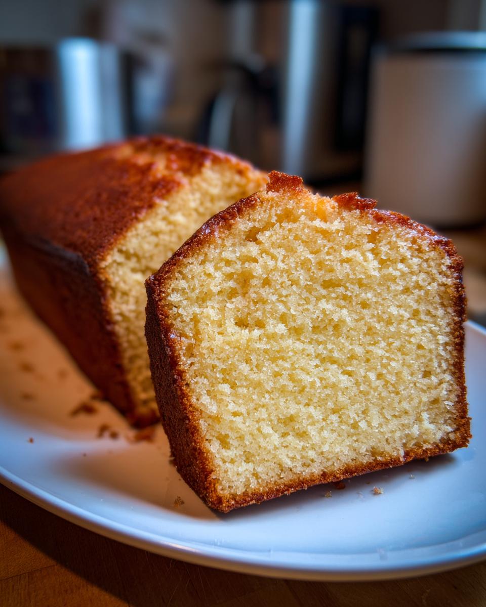 A close-up of a slice of Grandma's perfect pound cake on a white plate, showing its moist crumb.