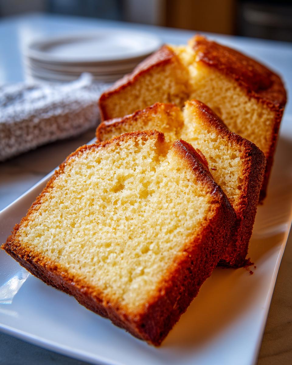 Close-up of three moist slices of Grandma's Perfect Pound Cake on a white platter.