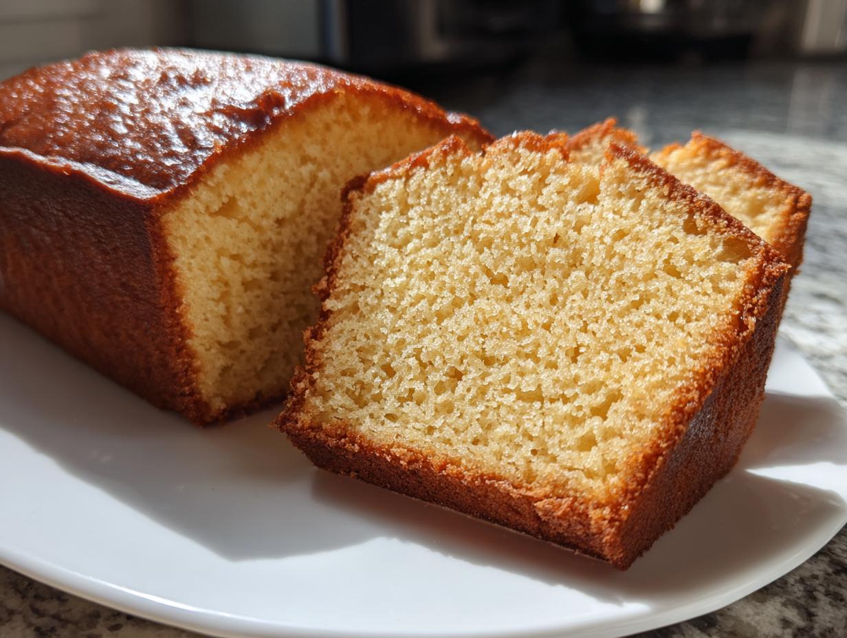 Close-up of Grandma's Perfect Pound Cake, with two slices cut and ready to serve.