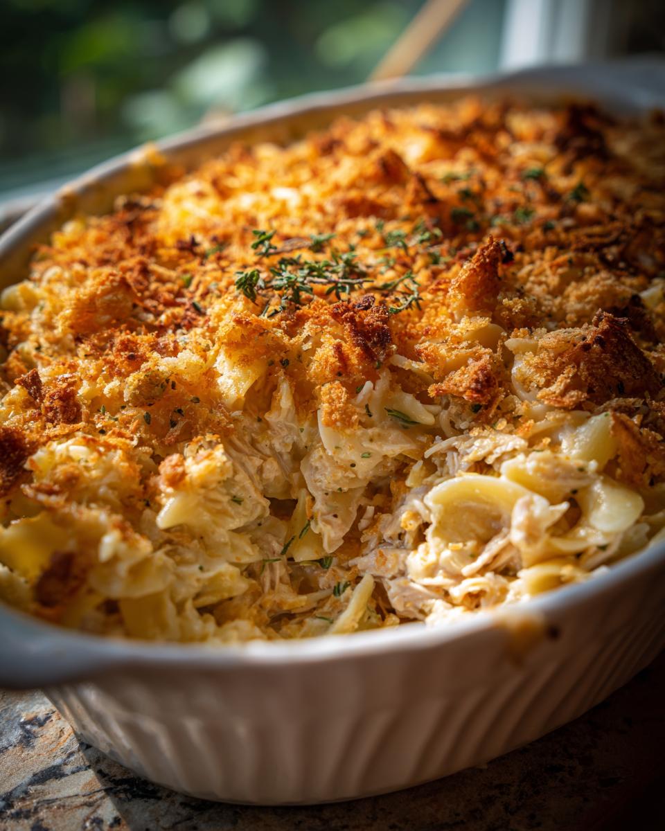 Close-up of Grandma's Tuna Noodle Casserole with a golden-brown breadcrumb topping and visible noodles and tuna.