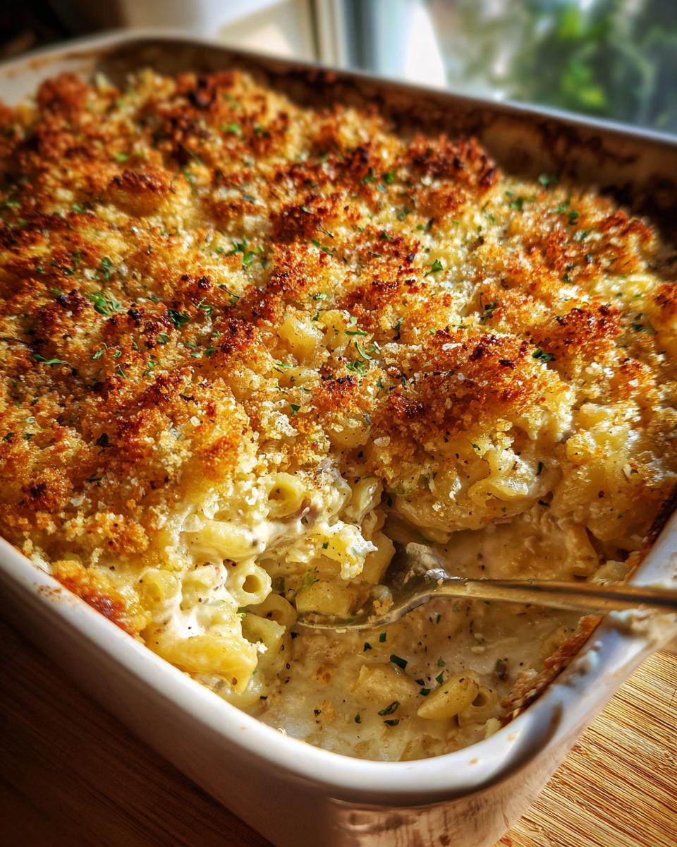 Close-up of creamy tuna noodle casserole with a golden-brown breadcrumb topping and a fork scooping a portion.