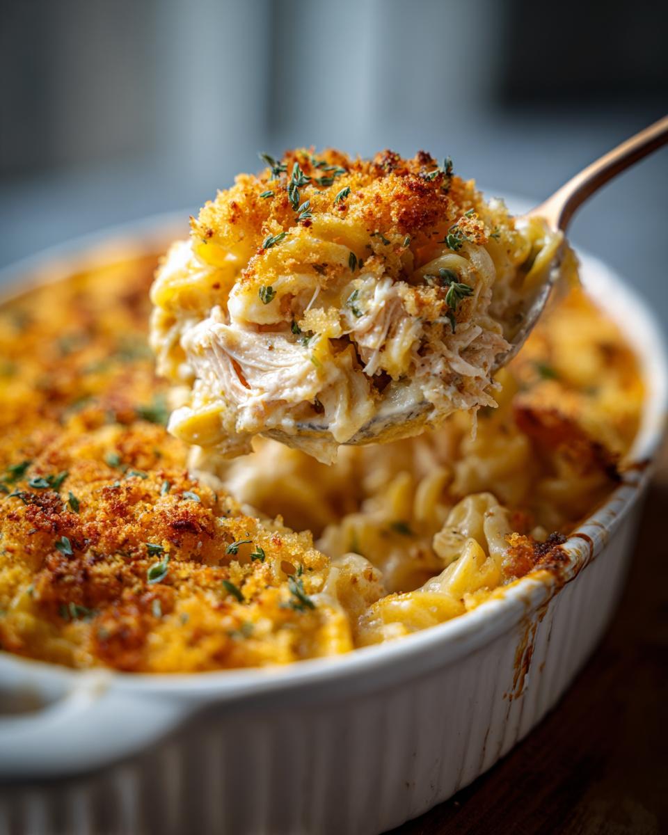 A spoonful of creamy Grandma's Tuna Noodle Casserole with a golden breadcrumb topping.