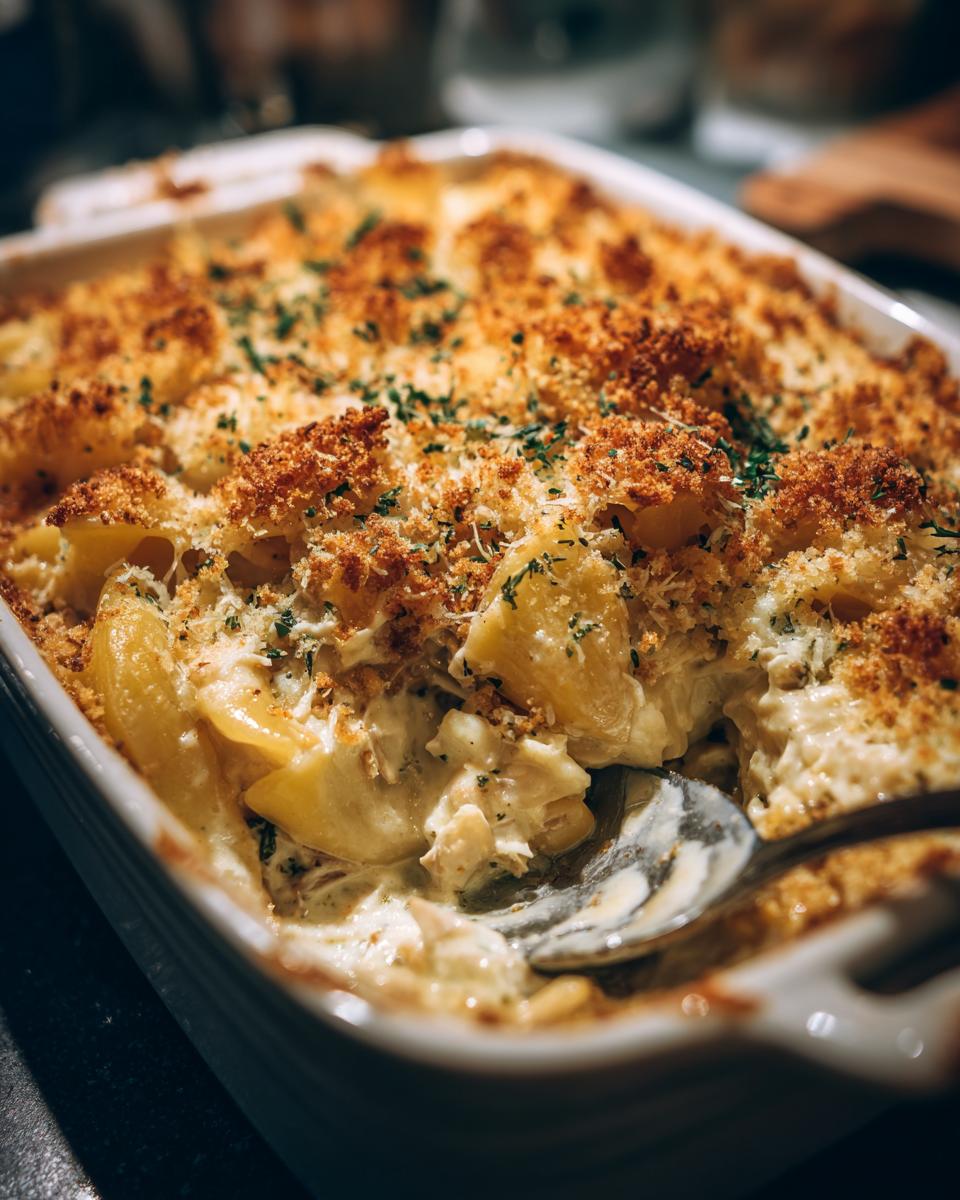 A close-up of Grandma's Tuna Noodle Casserole, showing creamy noodles, tuna, and a golden breadcrumb topping.
