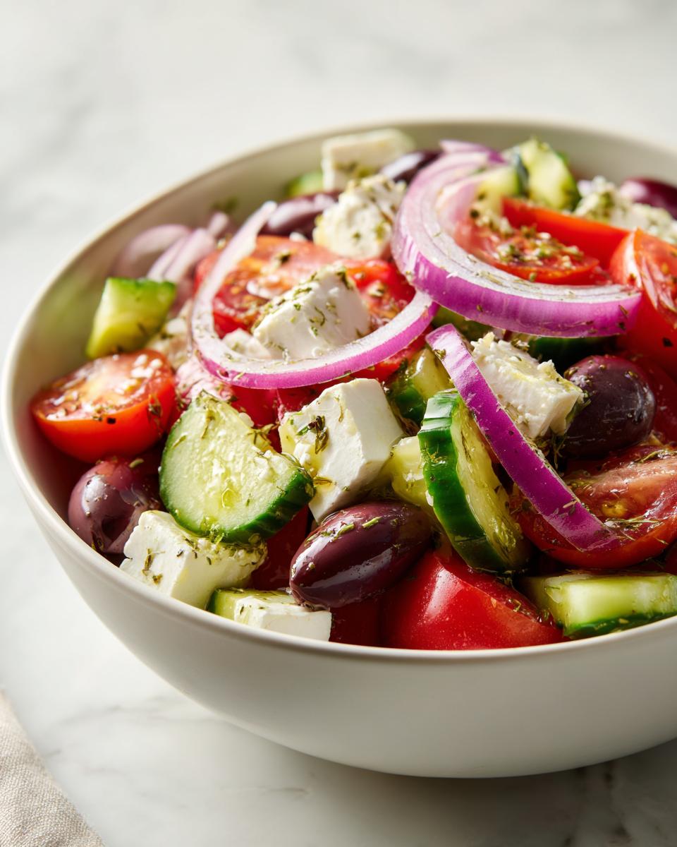 A vibrant bowl of Greek salad featuring fresh tomatoes, cucumbers, red onion, Kalamata olives, and feta cheese, seasoned with herbs.
