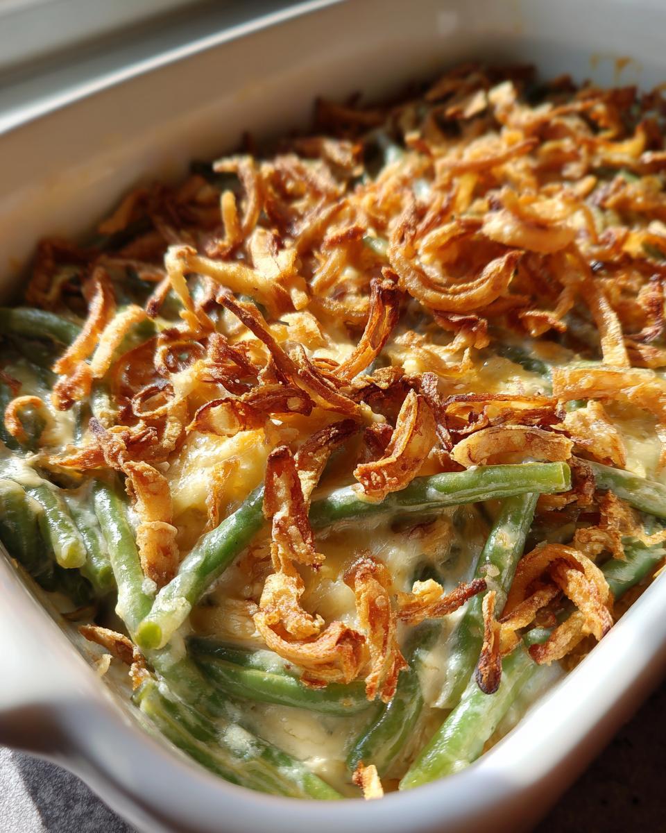 Close-up of a creamy Green Bean Casserole topped with crispy fried onions in a white baking dish.