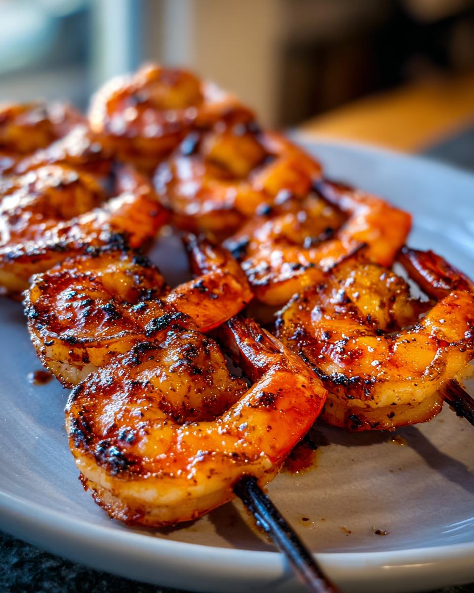 Close-up of perfectly grilled shrimp skewers with a glossy glaze and char marks.