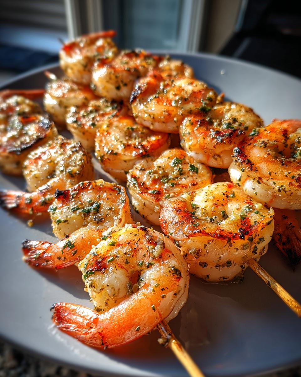Close-up of perfectly grilled shrimp skewers seasoned with herbs and spices, ready to serve.