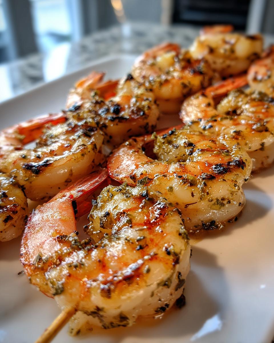 Close-up of perfectly grilled shrimp skewers seasoned with herbs, showcasing their juicy texture and grill marks.