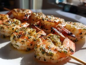 Close-up of perfectly grilled shrimp skewers seasoned with herbs and spices, ready to serve.