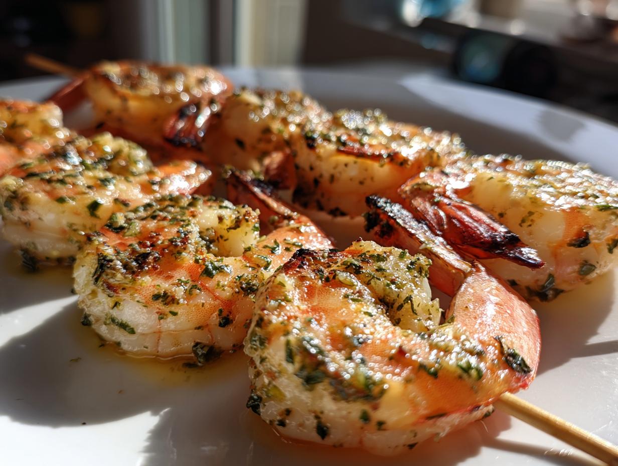 Close-up of perfectly grilled shrimp skewers seasoned with herbs and spices, ready to serve.